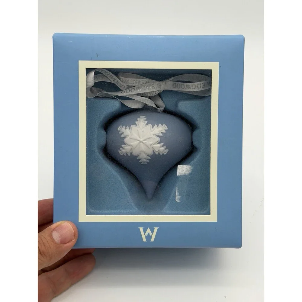 Wedgwood Jasperware Blue/White Teardrop Snowflake Christmas Ornament Boxed